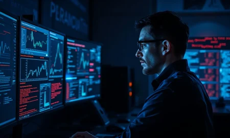 Cybersecurity analyst monitoring network threats in a security operations center following the Marquis data breach.