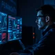 Cybersecurity analyst monitoring network threats in a security operations center following the Marquis data breach.