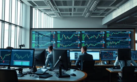 Financial trading floor with monitors showing stock market data and Marsh & McLennan ticker symbol MRSH.