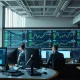 Financial trading floor with monitors showing stock market data and Marsh & McLennan ticker symbol MRSH.