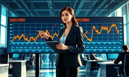 Financial analyst reviews unusual options trading activity for MSTR, CORZ, and DJT stocks on trading floor monitors.