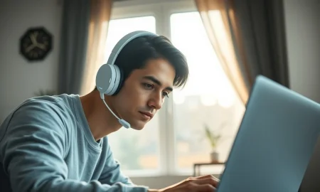 A person wearing the Mave Health neuromodulation headset in a home office setting.