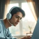 A person wearing the Mave Health neuromodulation headset in a home office setting.