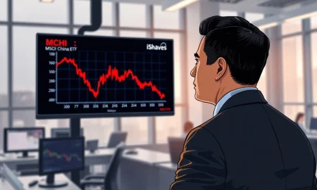 Financial analyst monitoring iShares MSCI China ETF (MCHI) data showing significant capital outflow on trading desk.
