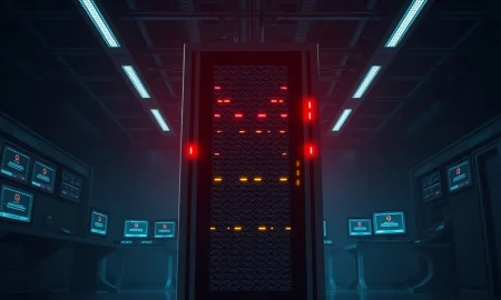 Medical device manufacturing server rack showing critical failure after a global cyberattack linked to a pro-Iranian group.