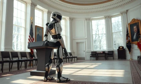 Humanoid robot at White House event for Melania Trump's education initiative.