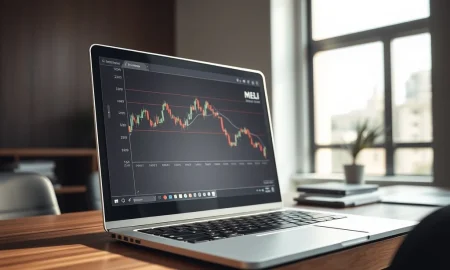 MercadoLibre MELI stock chart showing a sharp decline on a trading platform screen.