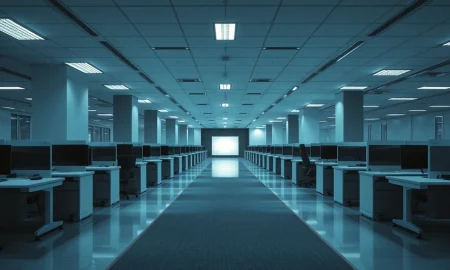 Empty office corridor symbolizing Meta's reported 20% workforce reduction plan.