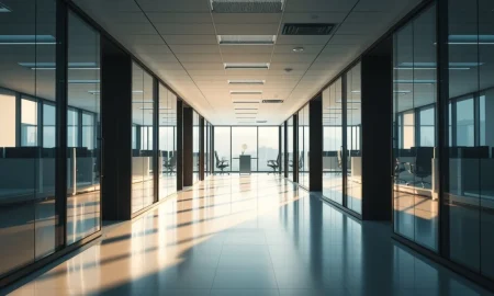 Empty office hallway at a tech company representing potential Meta layoffs and restructuring.