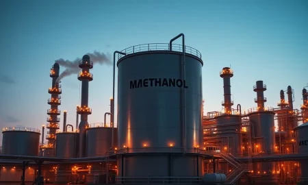 Methanol production plant at dusk representing Methanex industrial operations and stock surge analysis.