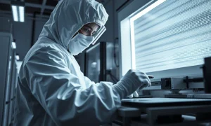 Micron Technology semiconductor wafer in a cleanroom, representing AI memory production.