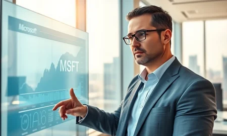 Financial analyst reviewing Microsoft MSFT stock data and 13F filings in professional office setting