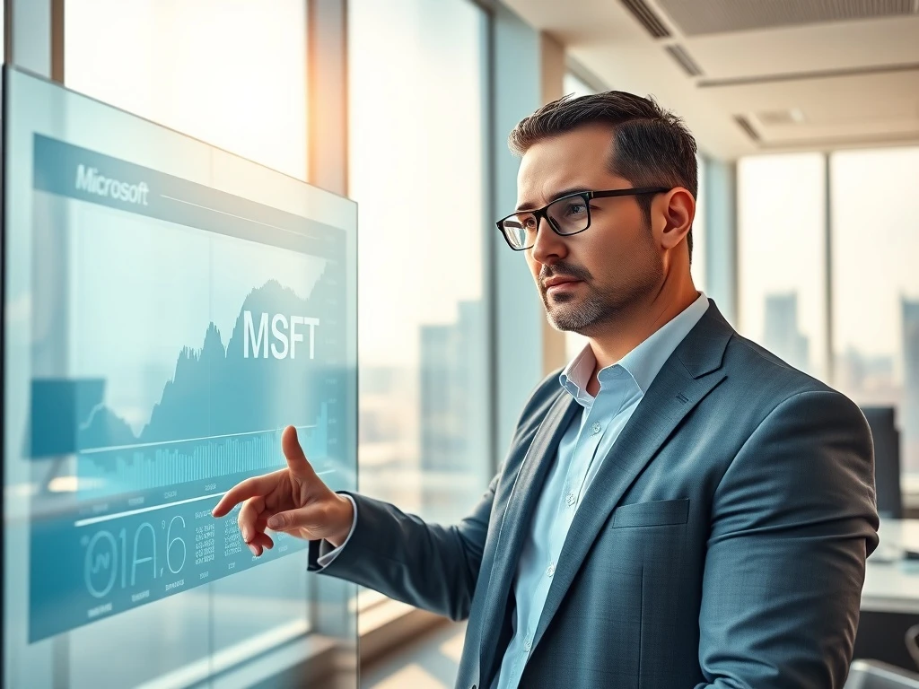 Financial analyst reviewing Microsoft MSFT stock data and 13F filings in professional office setting