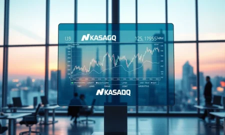 Nasdaq and Kraken 24/7 tokenized stock trading platform announcement with futuristic trading display.