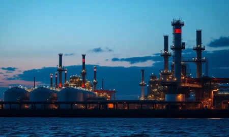 Natural gas processing facility at dusk as prices surge amid Iran conflict and Strait of Hormuz tensions in March 2026.