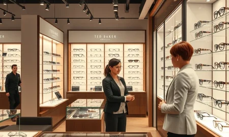 National Vision optical store interior showing customer service and premium eyewear displays during the company's stock rally.