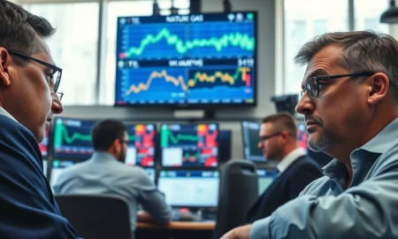 Traders monitor natural gas price charts on a financial trading floor.