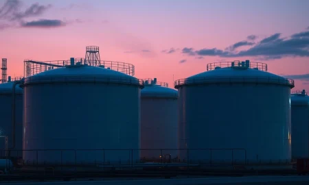 Natural gas storage tanks at an industrial facility during twilight.