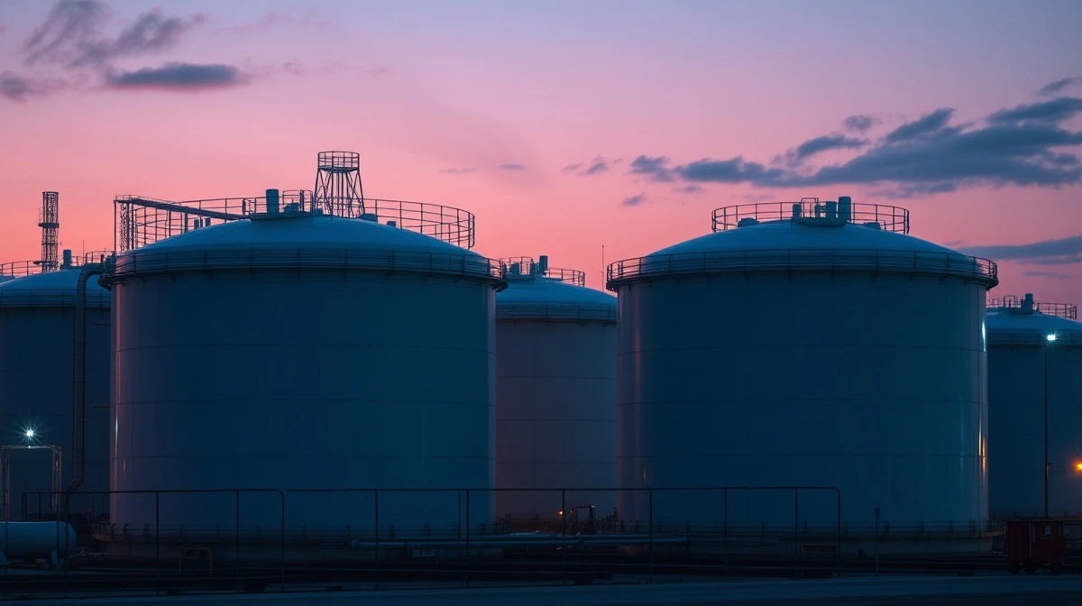 Natural gas storage tanks at an industrial facility during twilight.