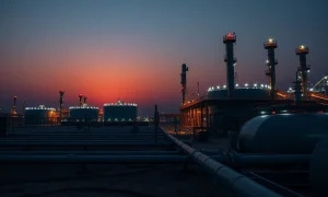 A natural gas processing facility under a dusk sky following attacks on Middle East energy infrastructure.