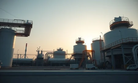 Industrial view of a large liquefied natural gas export terminal complex.