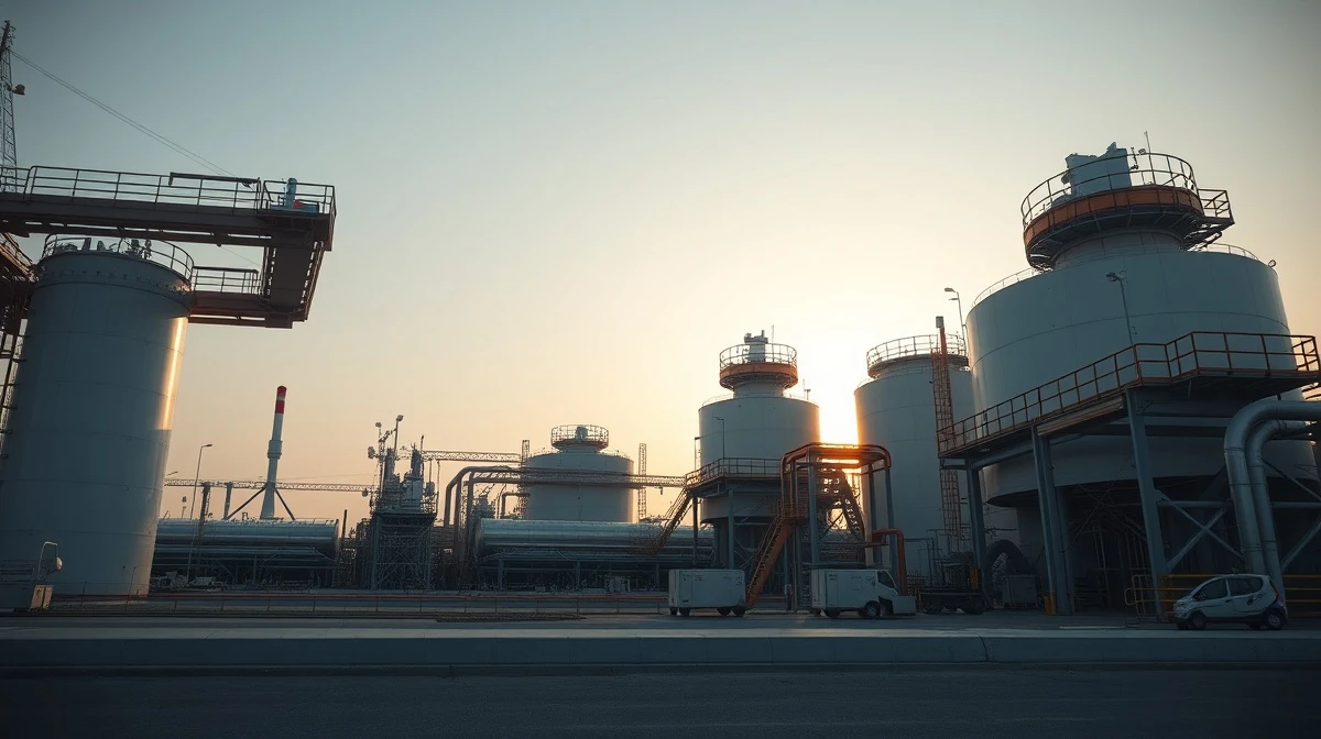 Industrial view of a large liquefied natural gas export terminal complex.