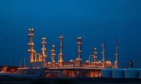 Natural gas processing facility at dusk as energy markets react to Iran conflict and Strait of Hormuz threats