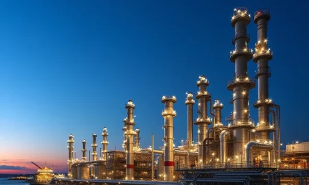 Natural gas processing facility at dusk as prices surge amid Strait of Hormuz tensions in March 2026