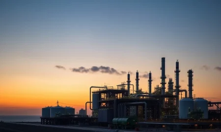 Natural gas processing facility at dusk illustrating global energy supply chain amid Iran conflict market volatility