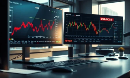 Stock charts for Netflix and Oracle showing recent price rebounds on a trading desk monitor.