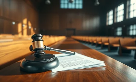 A judge's gavel on legal documents in a Nevada courtroom.