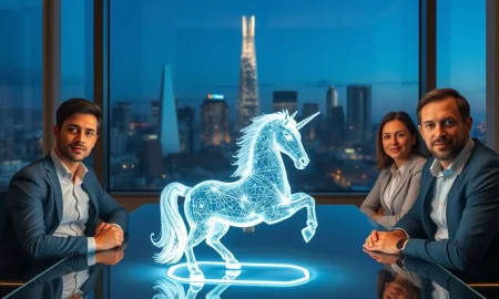 Founders review a holographic unicorn model representing 2026's new billion-dollar startup valuations in a San Francisco office.