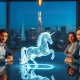 Founders review a holographic unicorn model representing 2026's new billion-dollar startup valuations in a San Francisco office.