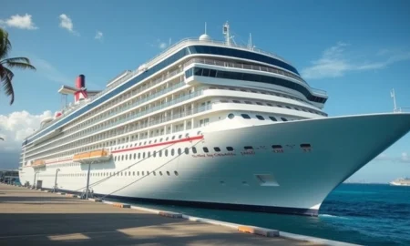 A cruise ship docked in the Caribbean following a norovirus outbreak affecting passengers and crew.