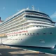 A cruise ship docked in the Caribbean following a norovirus outbreak affecting passengers and crew.