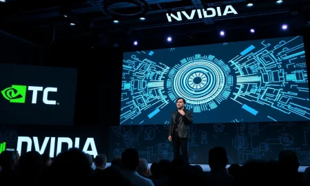 Nvidia CEO Jensen Huang on stage at GTC conference presenting AI strategy.