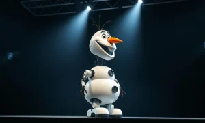 Robotic snowman Olaf on stage at Nvidia's GTC conference demonstrating robotics technology.