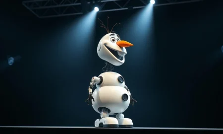 Robotic snowman Olaf on stage at Nvidia's GTC conference demonstrating robotics technology.
