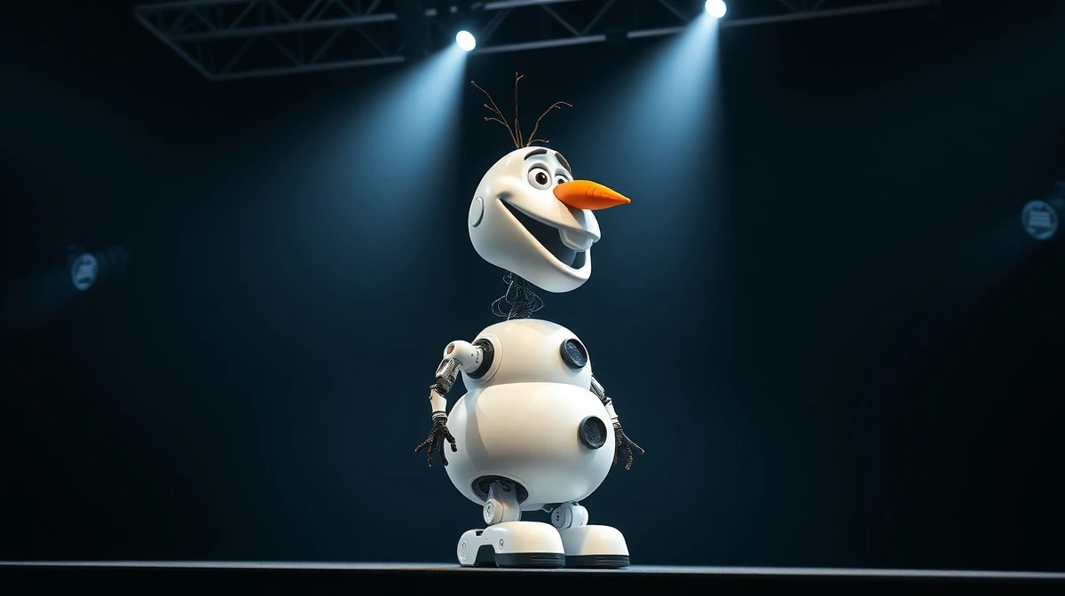 Robotic snowman Olaf on stage at Nvidia's GTC conference demonstrating robotics technology.