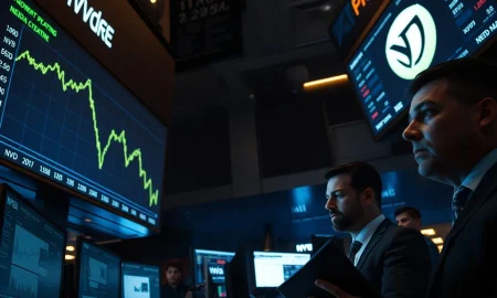 Stock trading floor showing Nvidia's declining share price on digital displays.
