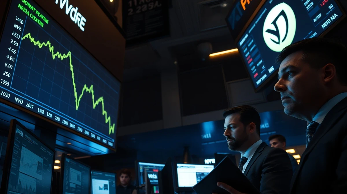 Stock trading floor showing Nvidia's declining share price on digital displays.