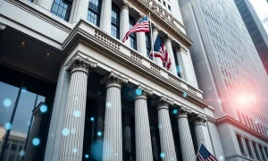 New York Stock Exchange building with a digital blockchain overlay representing the new tokenized securities platform.