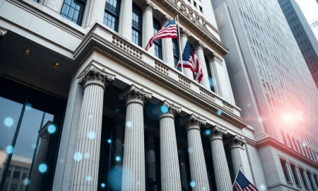 New York Stock Exchange building with a digital blockchain overlay representing the new tokenized securities platform.