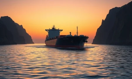 Oil tanker navigating the strategic Strait of Hormuz, illustrating key shipping risks in Commerzbank's 2026 outlook.