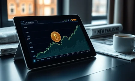 A tablet showing Bitcoin and oil price charts on a desk, analyzing market correlation.