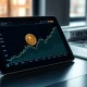 A tablet showing Bitcoin and oil price charts on a desk, analyzing market correlation.