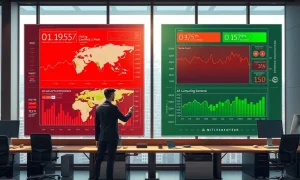 Financial analyst monitoring contrasting stock market and oil price data on digital dashboard during March 2026 market volatility