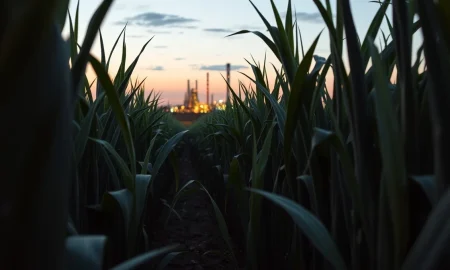 Sugar cane field with refinery in background, illustrating the link between agriculture and energy markets.