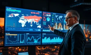 Energy analyst reviews global oil supply risks and strategic reserve data at refinery control room