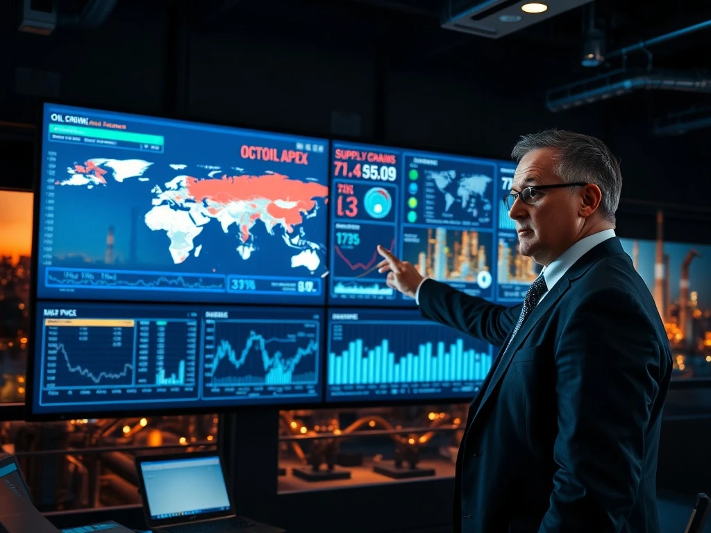 Energy analyst reviews global oil supply risks and strategic reserve data at refinery control room